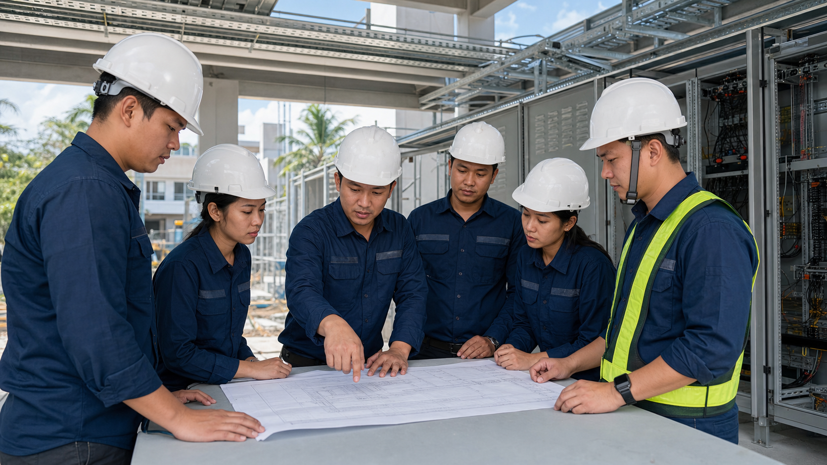 MOKOM engineering and coordination team reviewing drawings at a Philippine project site