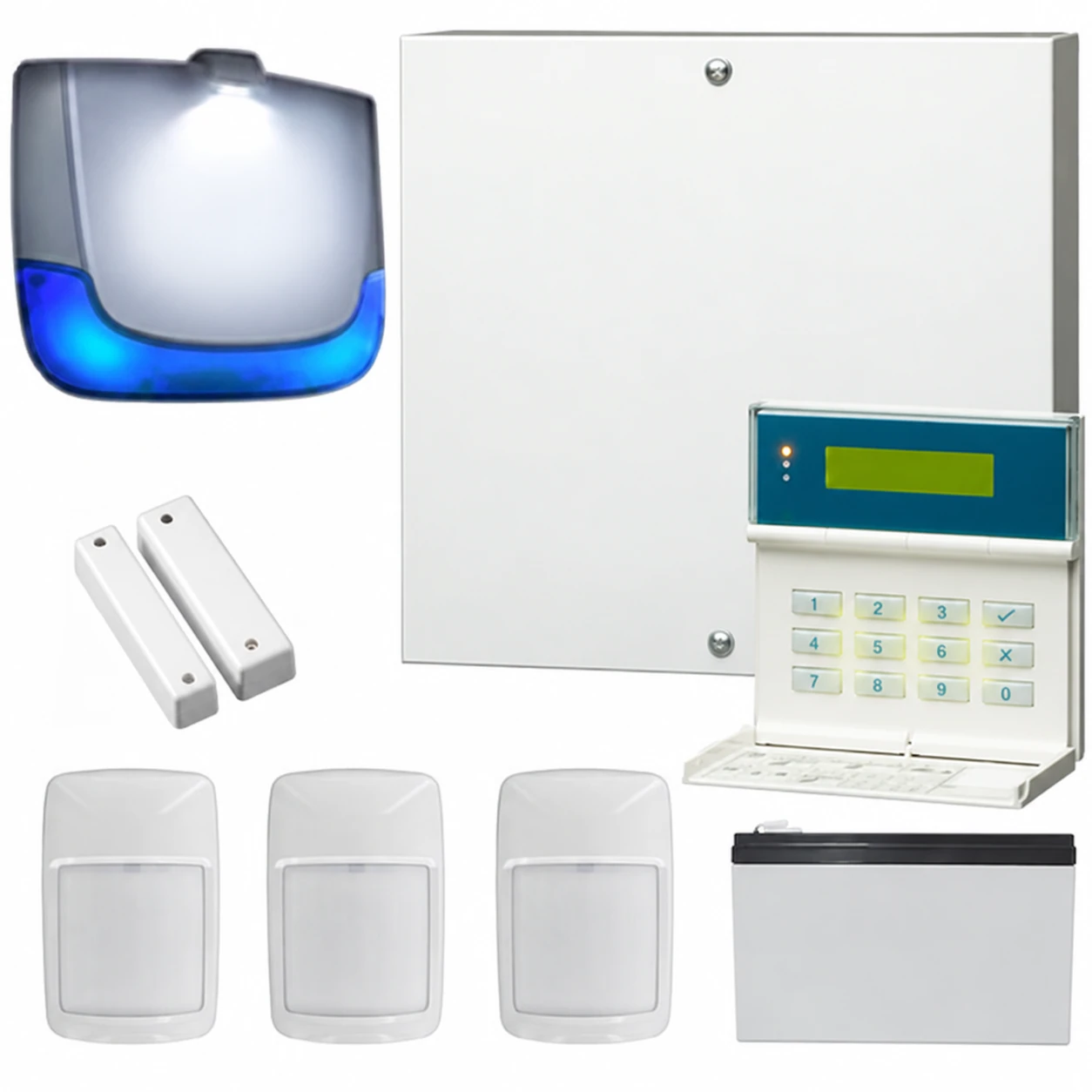 Intrusion alarm panel, keypad, detectors and alert devices