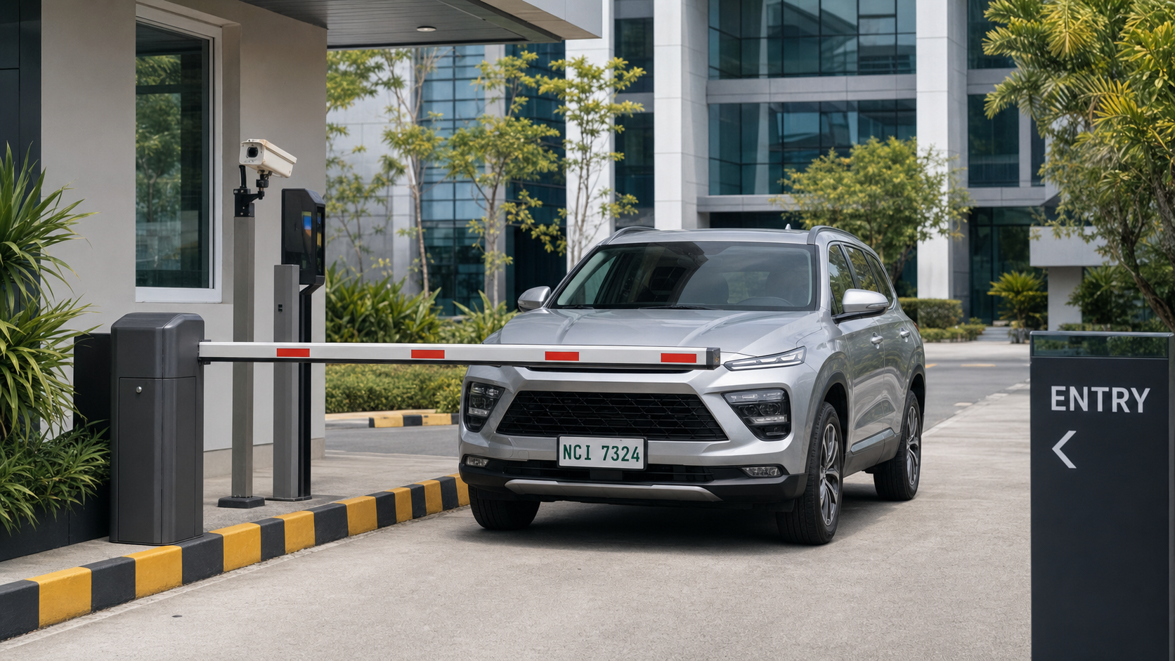 Parking barrier and Philippine licence plate recognition at an office entrance