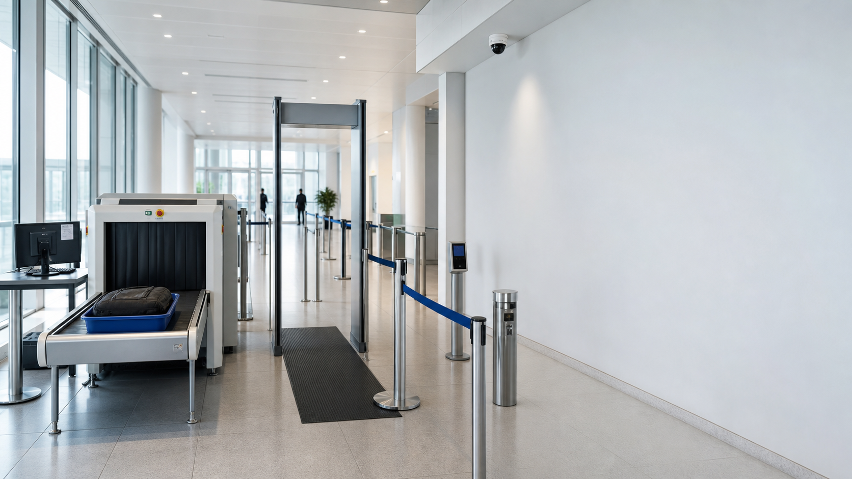 Baggage X-ray and walk-through metal detector screening lane